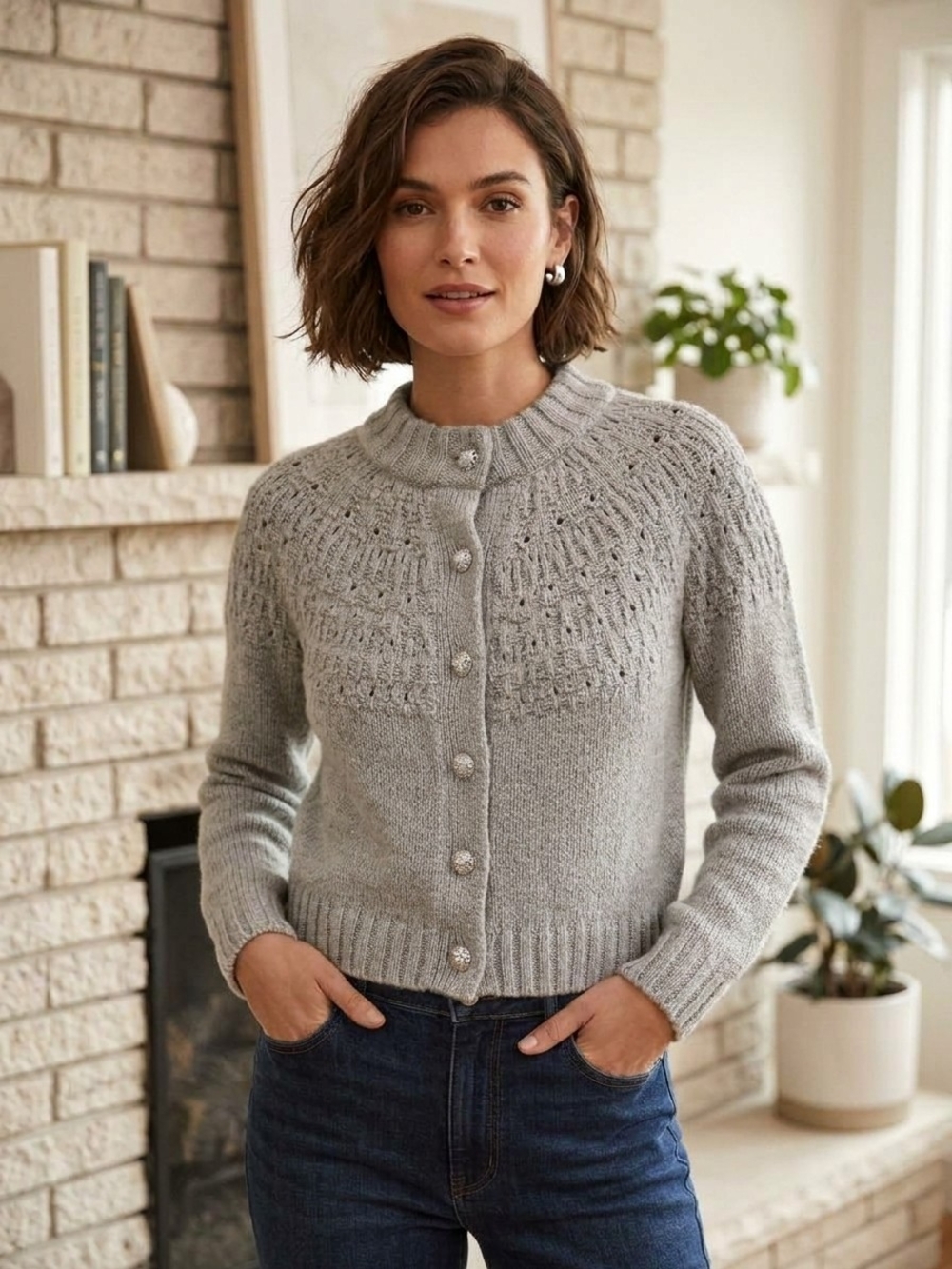 Talbots Light Gray Textured Yoke Button Cardigan